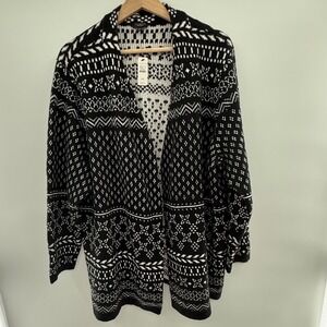 Talbots Fair Isle Cardigan Sweater 3XP Black White Open Front Nordic Knit